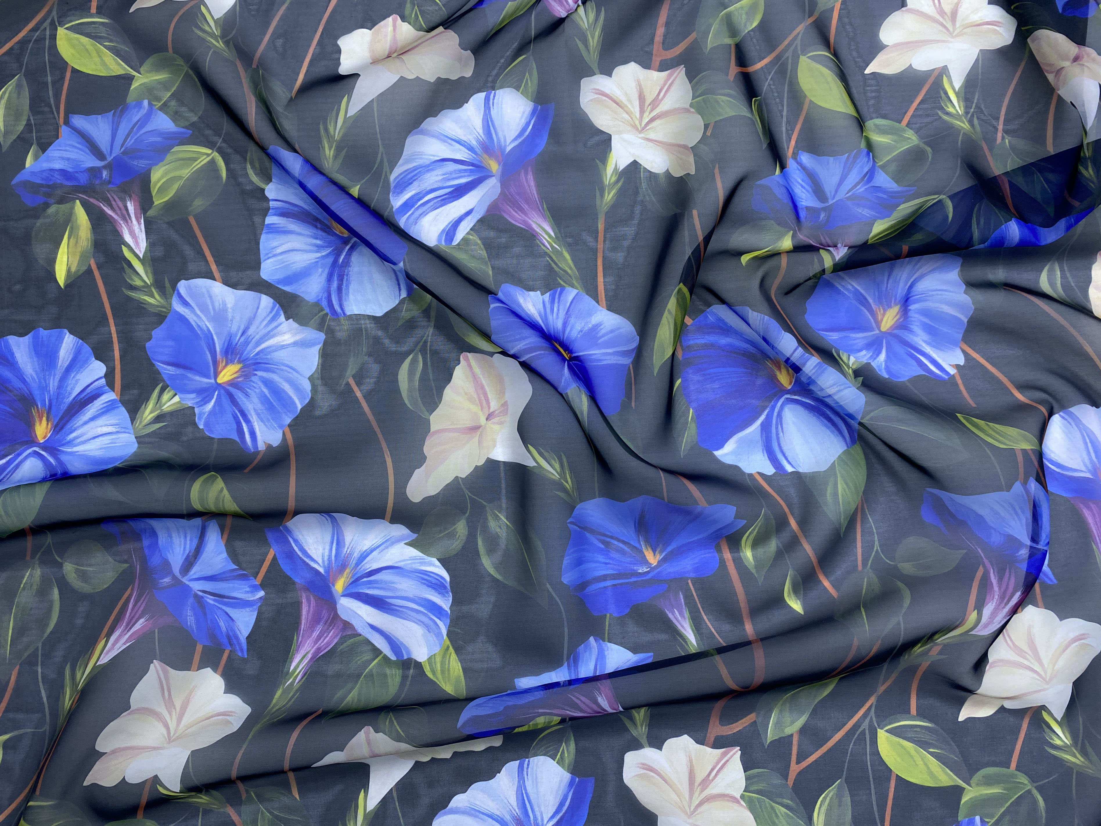 Ткань Шифон чёрного цвета с принтом вьюнок 24318 2