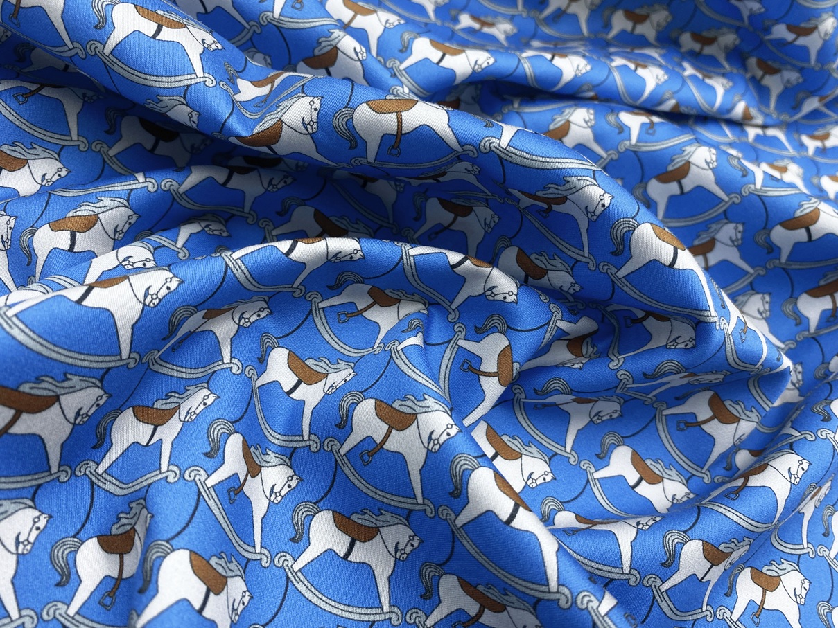 Ткань Хлопок  голубого цвета с принтом  лошадь-качалка 14434 3