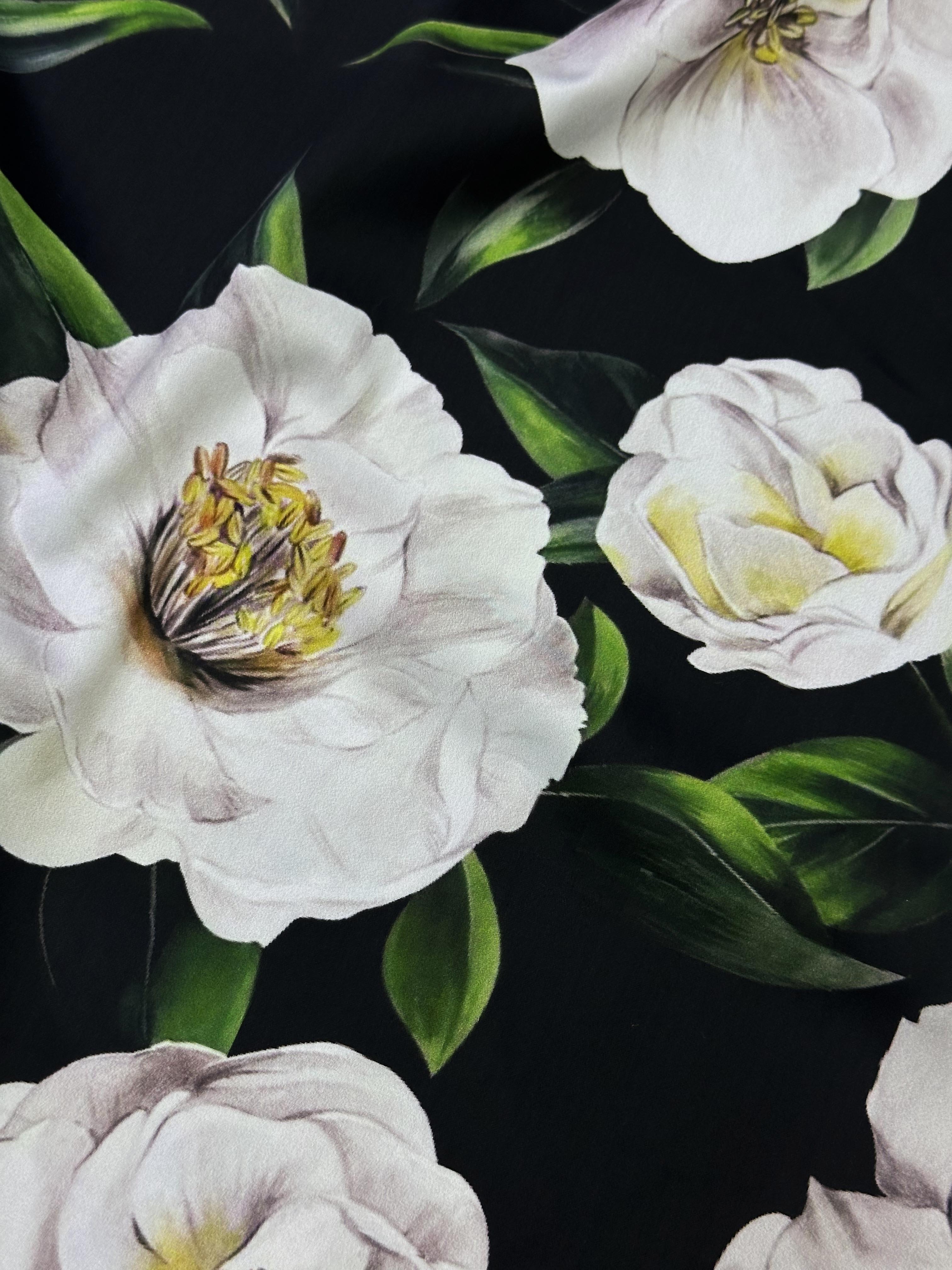 Ткань Хлопок черный с крупным белым цветочным принтом 14497 3
