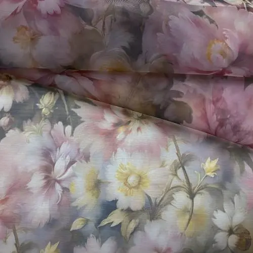 Ткань Органза серого цвета с принтом цветы 26416